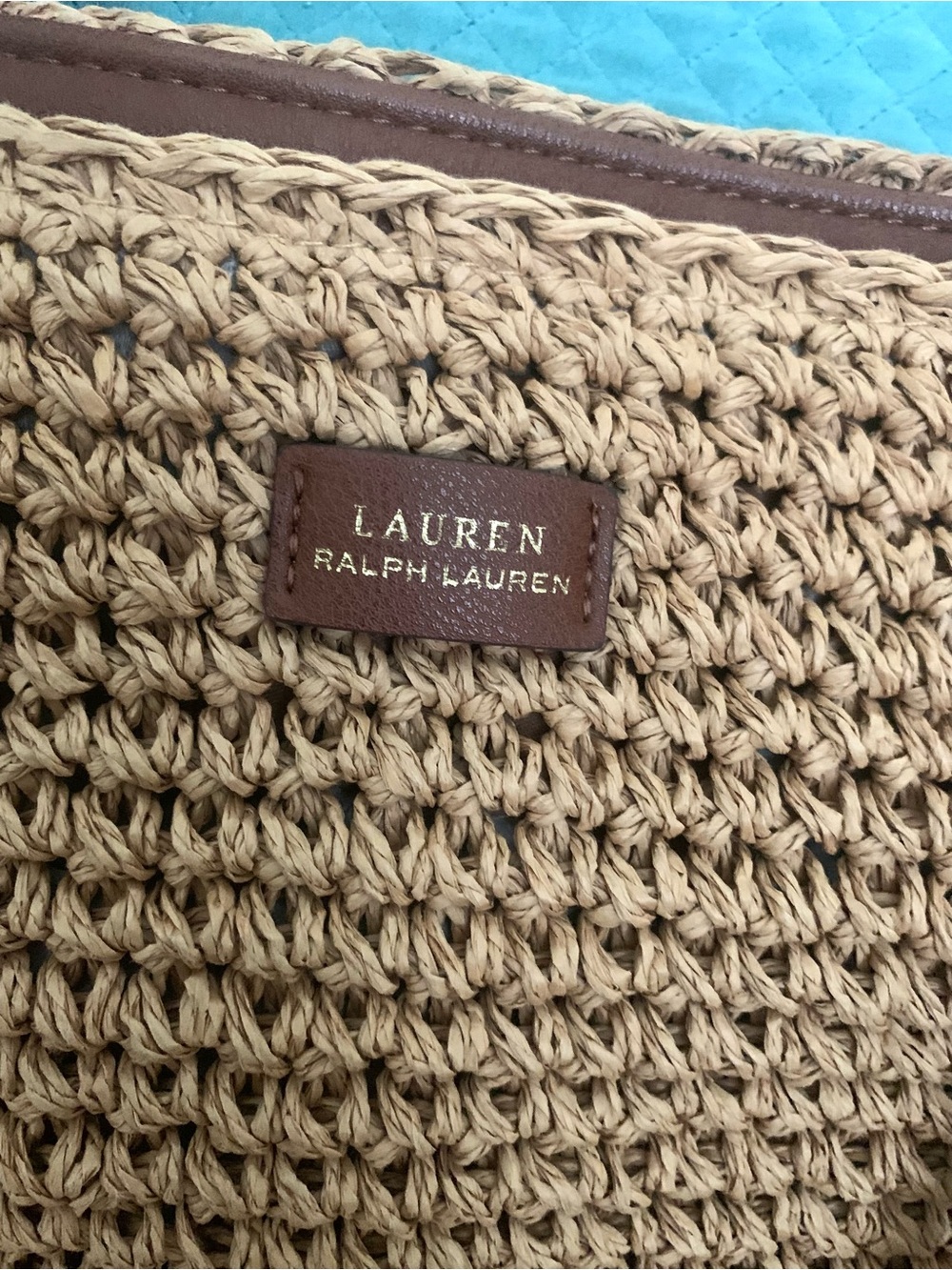 Ralph Lauren Tan Woven Straw Raffia Tote with Brown Leather Straps Gold Hardware - Picture 3 of 10